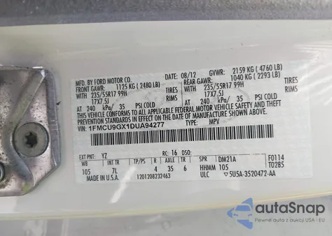 2013 Ford Escape Se z USA, uszkodzony, nr VIN 1FMCU9GX1DUA94277